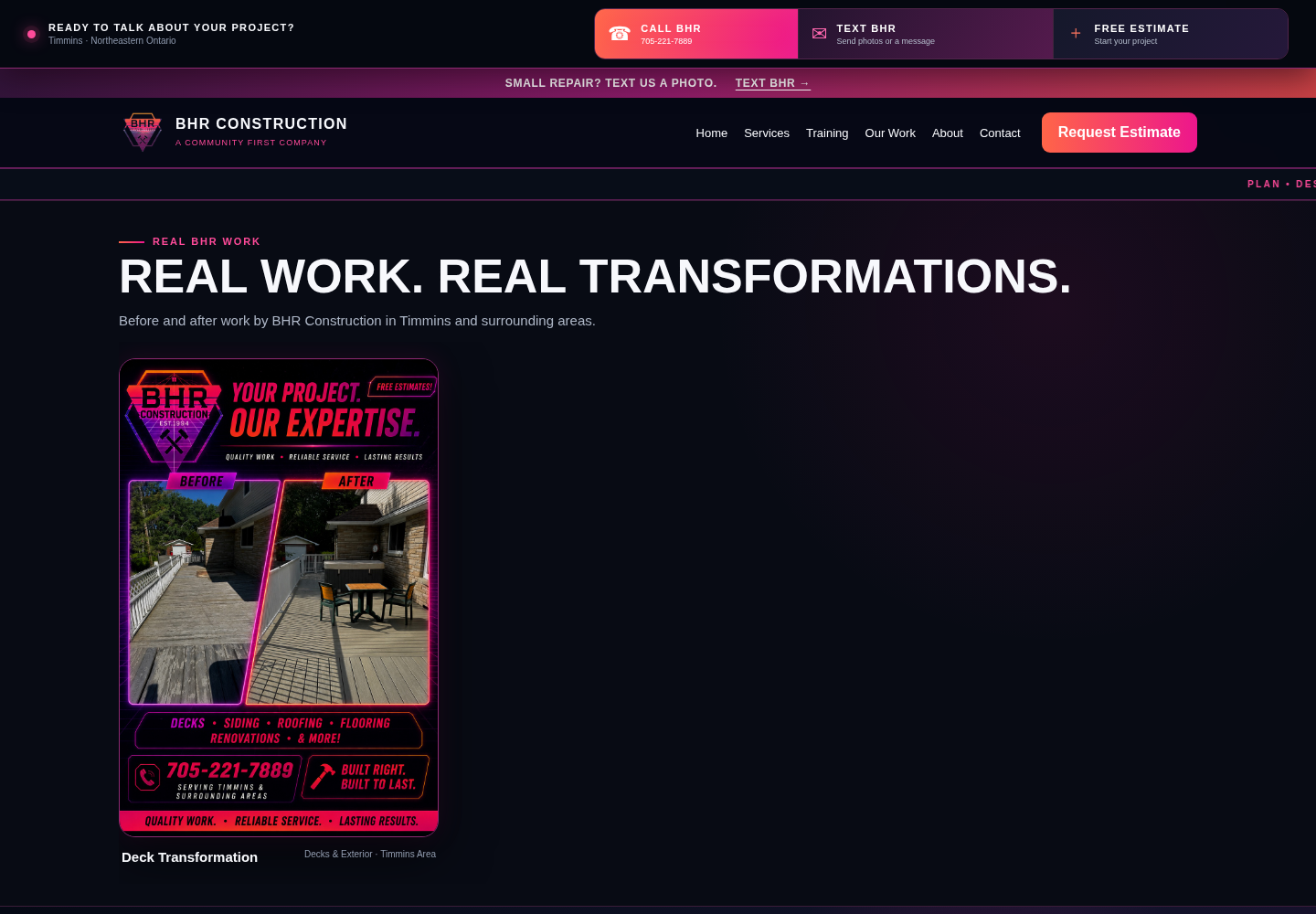 Actual BHR Construction website desktop view